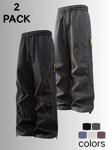 2-Pack American Style Visible Seam 3D Cut Functional Softshell Pants — Unisex Elastic Waist Drawstring Wide-Leg Paratrooper Pants, Waterproof Quick-Dry Outdoor Cuffed Cargo Long Pants