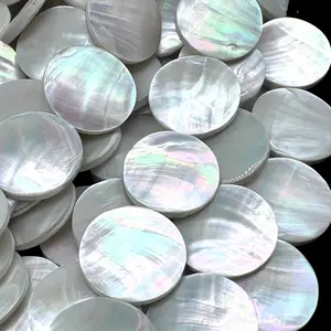 Silvery-White Nautilus Shell Beads - Thickest Nacre with Organic Iridescent Matrix - Gem Quality Grade AAA (Among the Rarest & Most Valuable Seashells in The World) Exquisite Craftsmanship - New Double Sided Design - Smooth Coin - 8 Inches - Half Strand