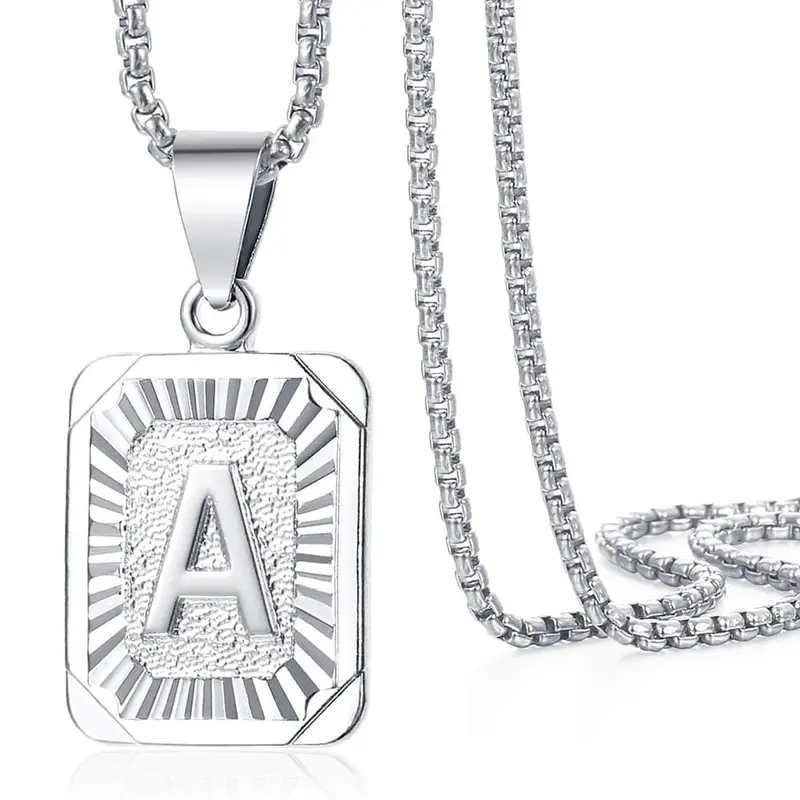 HERMAH Initial Letter A to Z Pendant Necklace 22" Stainless Steel Box Chain Jewelry for Female Male