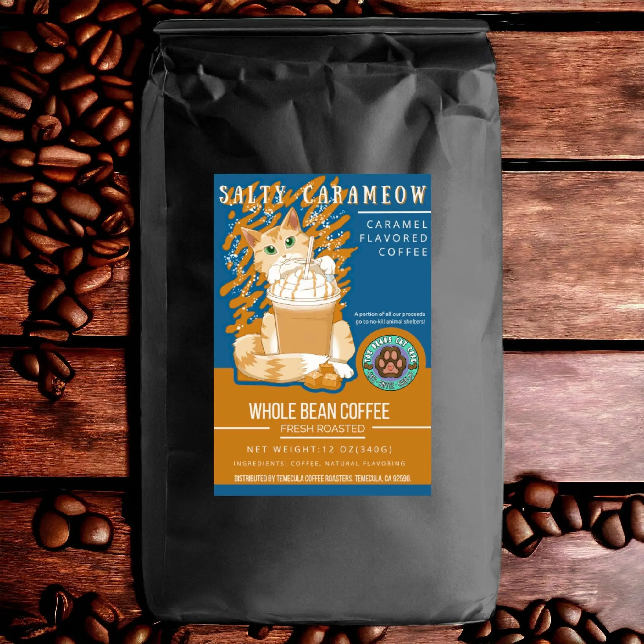 Coffee Beans Salty Carameow Whole Bean Caramel Flavored Medium Roast Coffee 12 oz.