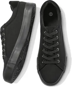 Mens Canvas Shoes White Black Sneakers Low Top Lace Up Casual ShoesBlack/Black