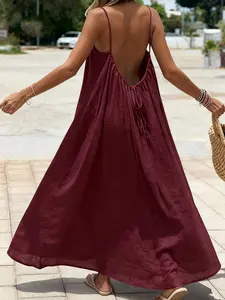 Relaxed Linen Backless Long Dress, Soft Strap Sundress, Vacation Daily Home Wear, Two-Wear Concealing Skirt with Pockets, Casual Wear