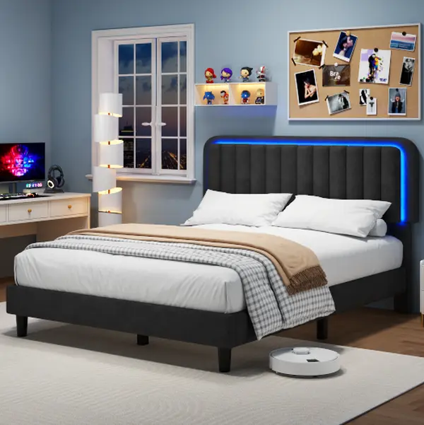 [SummerSale] TryLazy Led Bed Frame, No Mattress, Soft Modern Bed Frame with Luxury Leather Headboard, APP Adiust the Light, No Box Spring Needed  # queen bed frame