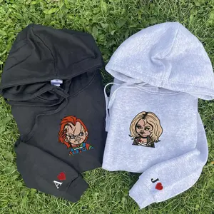 Chucky and Tiffany Horror Halloween Couple Embroidered Sweatshirt, Chucky and Tiffany Embroidered Custom Initial Letters Sweatshirt, Halloween Embroidered Sweatshirt, Halloween Gifts