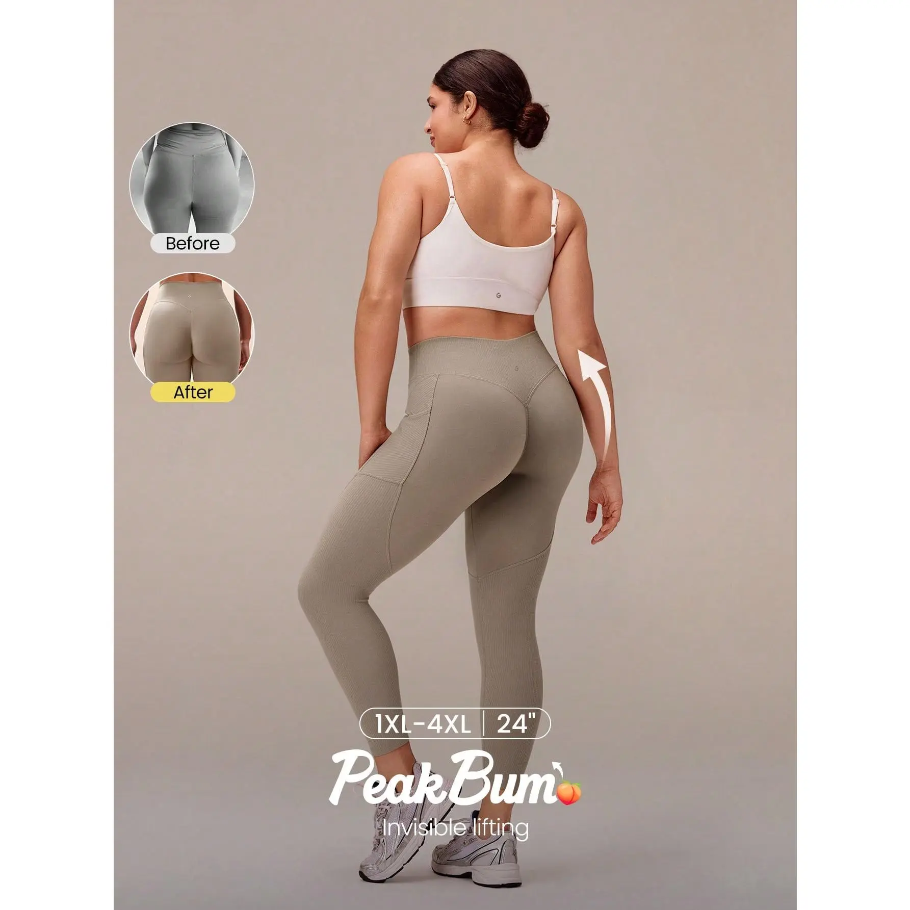 GLOWMODE Plus Size 24" FeatherFit Sail On Buttery-Soft Sweat-Wicking Ribbed Panels Side Pockets Butt Lifting Leggings Yoga Pilates Studio Daily Active Wear
