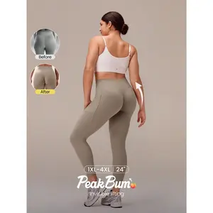 GLOWMODE Plus Size 24" FeatherFit Sail On Buttery-Soft Sweat-Wicking Ribbed Panels Side Pockets Butt Lifting Leggings Yoga Pilates Studio Daily Active Wear