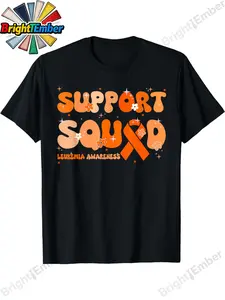 Support Squad Orange Ribbon Leukemia Blood Cancer Awareness T-Shirt Casual Breathable Tee, Stylish Summer Top, Outdoor Cloth 100% Cotton, Halloween Thanksgiving Christmas Gift for Men Women Family Friends