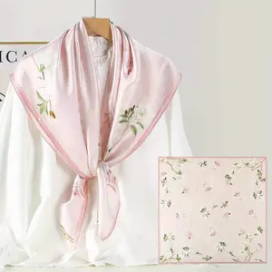 Pink Floral Print Large Square Scarf, 100% Mulberry Silk, Elegant & Soft Bohemian Style Shawl for Women, Perfect for Outdoor Events & Casual Wear