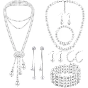 8 Pcs Pearl Rhinestone Jewelry Set for Women Pearl Necklace Bracelet Earrings for Wedding Birthday Bridal Tea Party