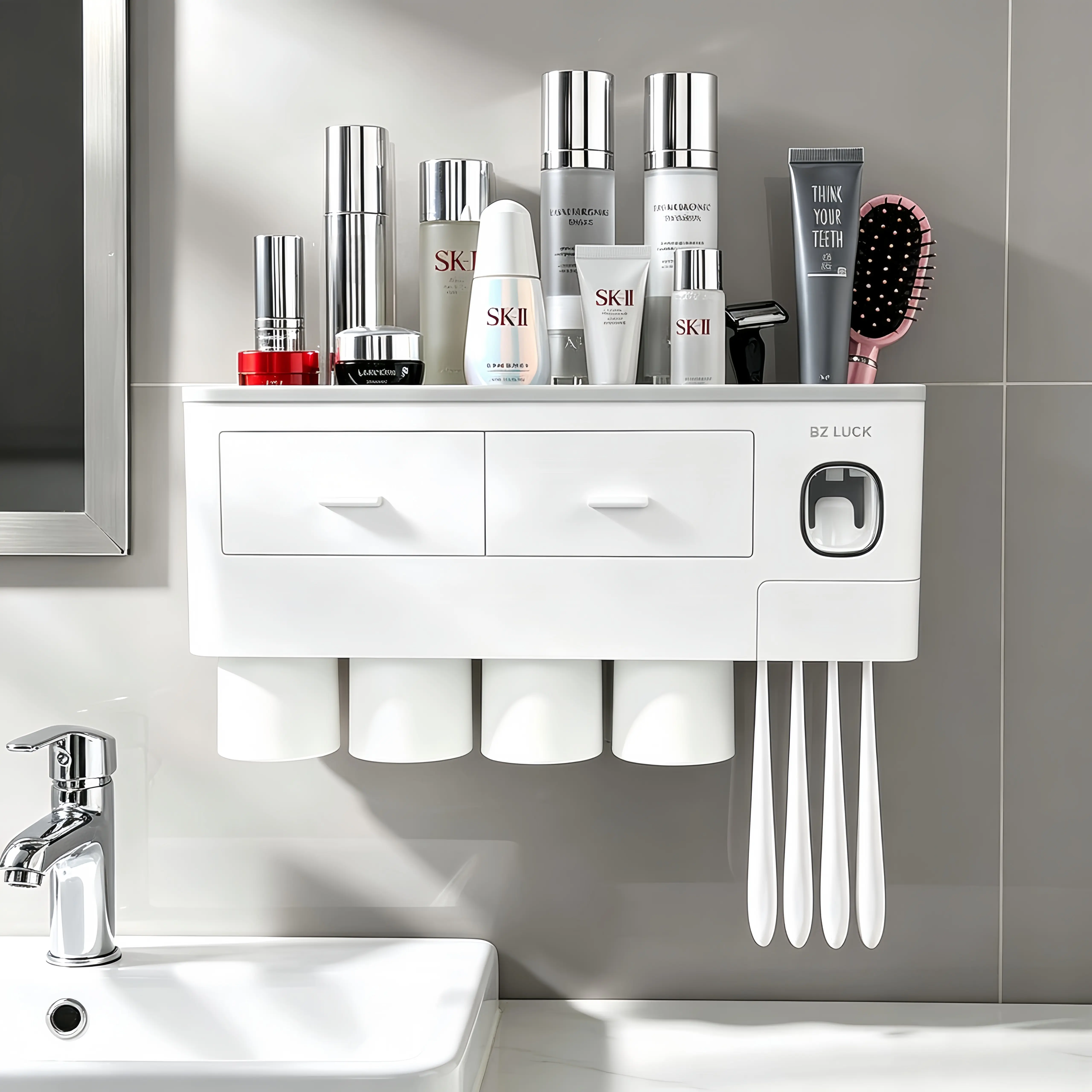 Modern Removable Wall-Mounted Toothbrush Holder for Bathrooms - 2-Cup Design, Toothpaste Dispenser, Large Capacity Tray, Cosmetic Drawer, Bathroom Accessory Organizer, Removable Wall-Mounted Toothbrush Holders