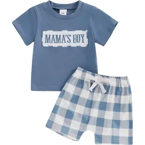 NZNDSHD Baby Boy Summer Clothes Daddys/Mamas Boy Matching Outfit Short Sleeve Embroidery T-shirt Plaid Toddler Shorts Set