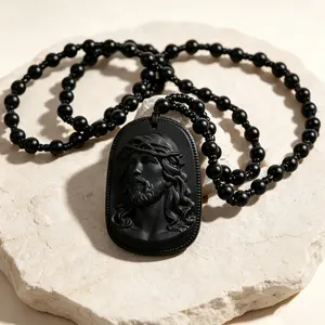 Rosario Collar Escapulario San Judas Tadeo Cristal Volcanico Faith Pendant Necklace, Vintage Guardian Figure Carving Pendant , Catholic Christian Religious Jewelry,Collar San Judas, Men's Necklace，Pendants of Jesus and Our Lady of Guadalupe, Catholic