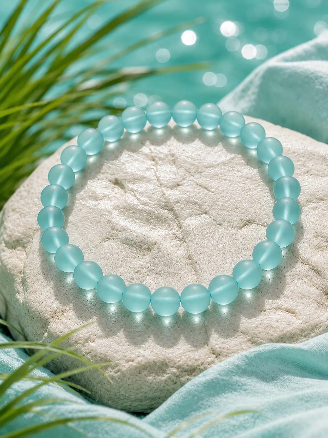 Handmade 24x10mm Round Sea Glass Beads Bracelet with Simple Charm, Stretch Slip-On, Unisex Fit - Ideal for Beach Lovers