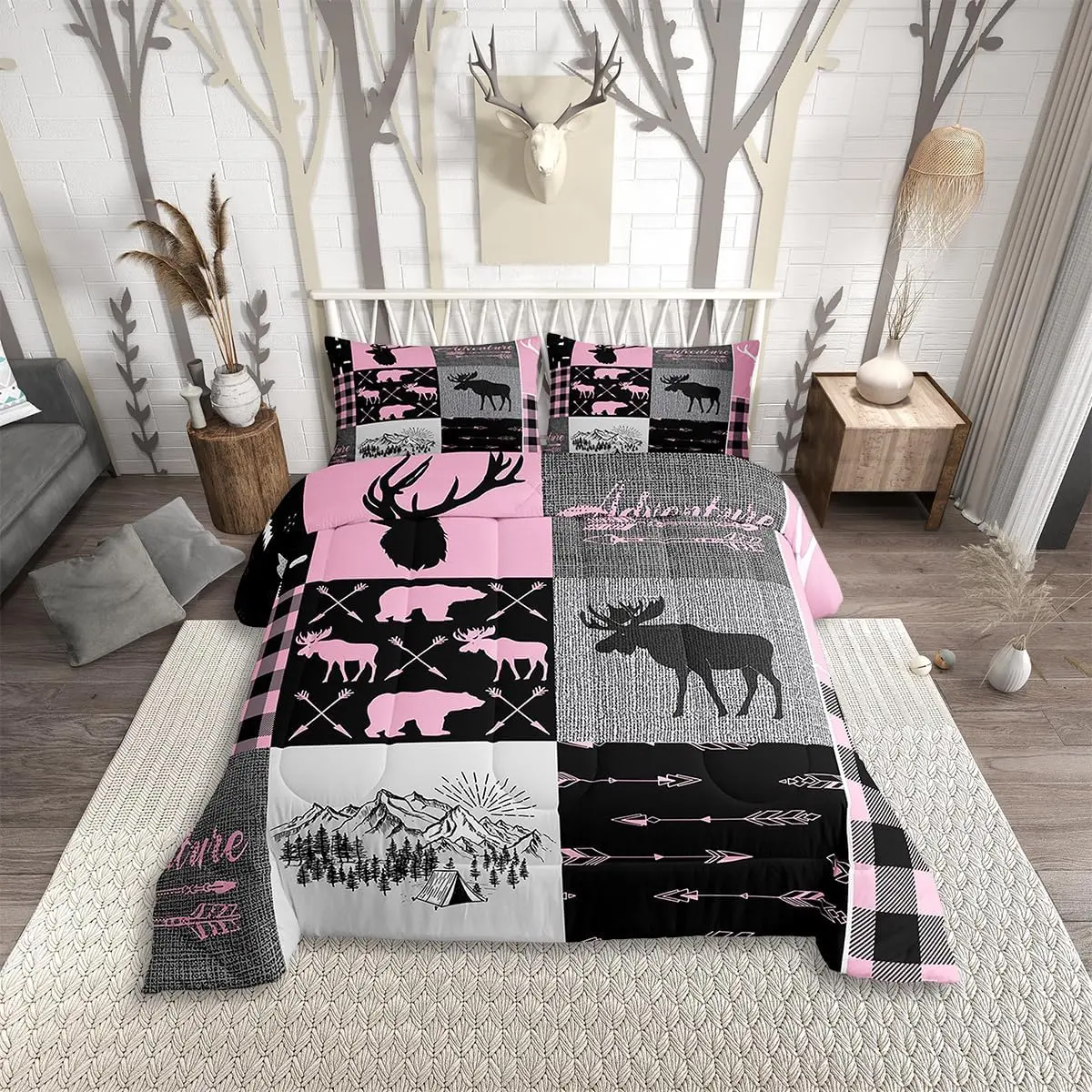 Feelyou Christmas Rustic Bedroom Bedding Set - Decorative, Hunting Elk Deer Decor, Buffalo Plaid Patchwork Quilt, Breathable Polyester Fiber Duvet Insert, Multi-Size Travel-Friendly Lodge Woodland Farmhouse Duvet Set, Decorative Bedding Set