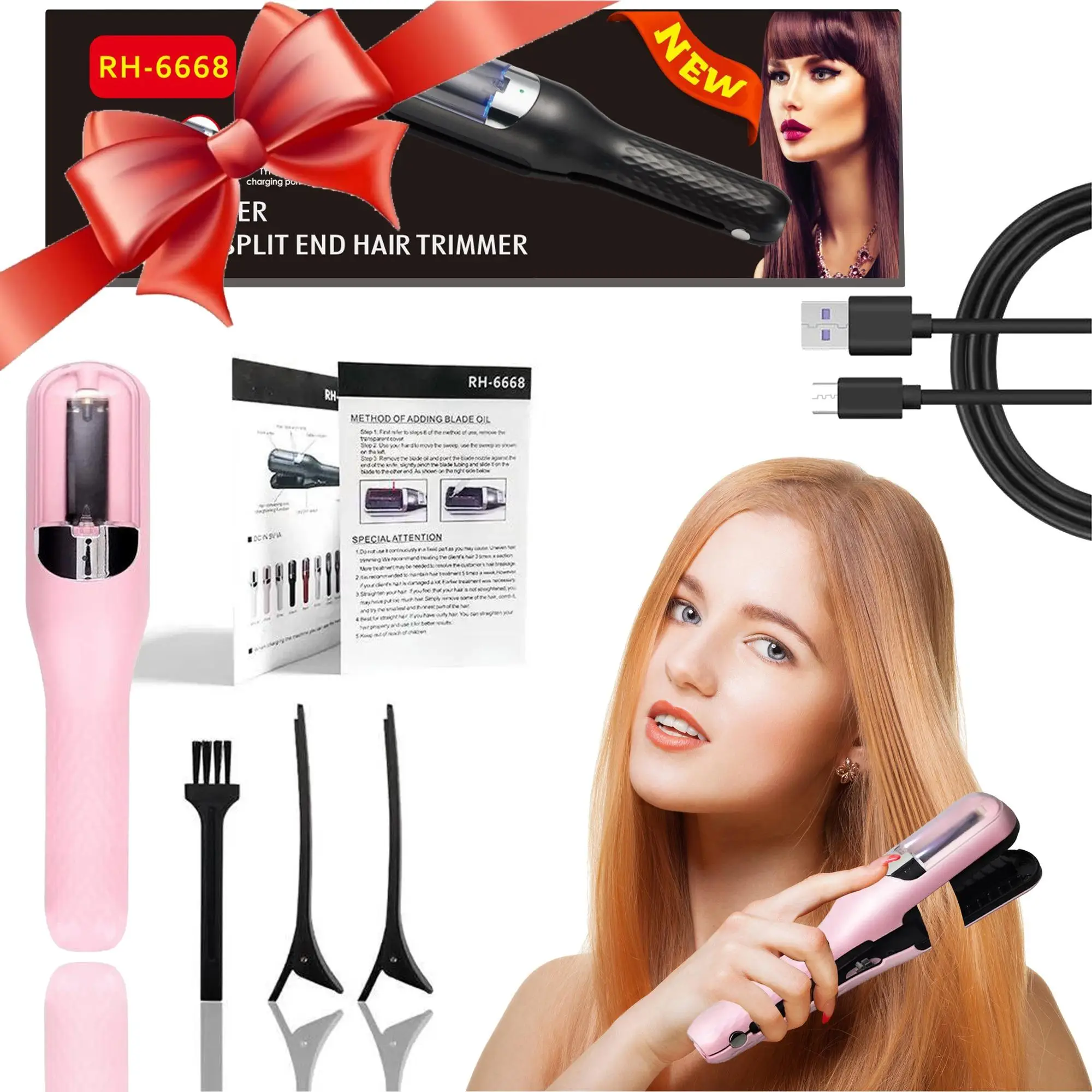 Automatic Electric Hair Clipper, Multifunctional Type-C Rechargeable Hair Split End Clipper, Split End Trimmer, Barber Kit, Baby Pink Hair Styling Too