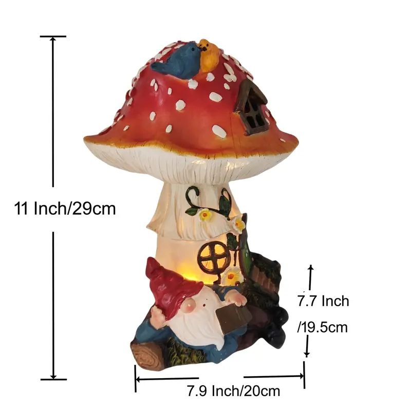 11 Inch Solar Mushroom Fairy House Resion Outdoor Statue Lamp Light Gnome Theme Garden Decor Seasonal Gardening Art for Housewarming Gifts Spring Outdoor Decoration for Patio Garden Balcony