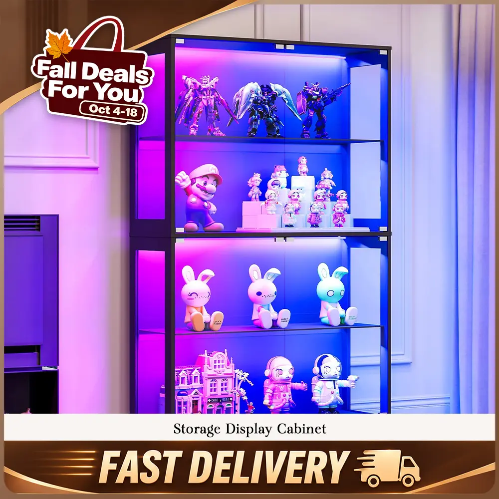 VanAcc Display Cabinet with RGB Lights, 4-Tier Storage Display Case for Collectibles, Adjustable Shelves, MDF and Tempered Glass, Black  #TikTokShopBlackFriday #TikTokShopBlackFriday #Chrismas decor