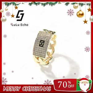 LuLuEcho 14K Gold Plated Iced Out Cuban Link Ring - Bling Initial "S" Zircon Ring for Men - Hip Hop Streetwear Jewelry