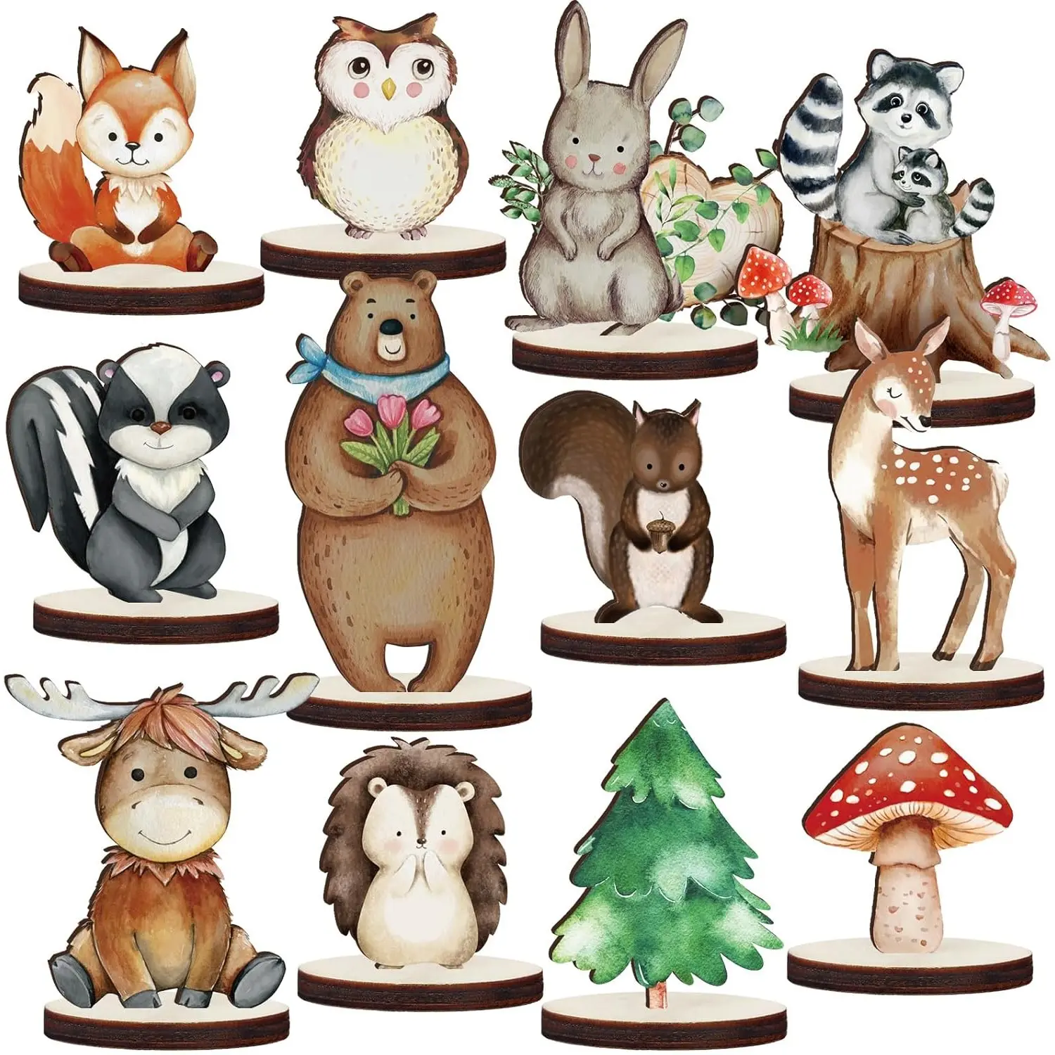 12 Pieces Painted Woodland Animal Cutout Shapes - Cute Design, Bright Colors, Animal Themed Decor with Moose, Owls, Skunks, Pine Trees for Showers, Camp Party Table Centerpieces, Home Improvement Light Ornaments, Birthday Parties