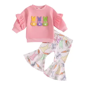 Canrulo Easter Outfit Toddler Girl Bunny Embroidery Ruffle Sweatshirt Cartoon Rabbit Bows Flared Pants Bell Bottoms 2Pcs Spring Clothes