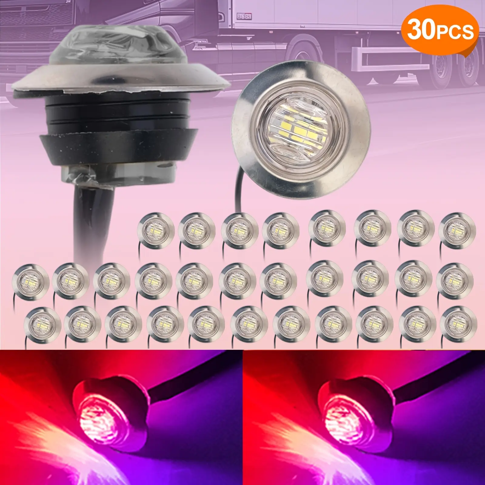 30Pcs 3/4 Inch Round Bicolor LED Side Marker Lights, 12-24V Waterproof Durable High Brightness Side Clearance Indicator Lights, Easy Installation for Semi Truck, Pickup, Boat Trailer & RV