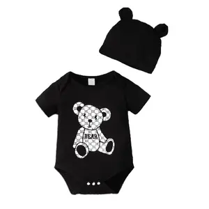 Ready Stock 0-9M Newborn Boys Clothes Bear Print Summer Short Sleeve Bodysuits With Hat 2Pcs Romper Set Black GS112301001