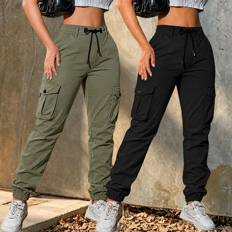 Women's 2PCS High Waist Cargo Jogger Pants - Tapered Cuffed, Cargo Pockets, Drawstring Elastic Waist, Lightweight Casual Summer Streetwear Utility Pants (Pre-order), Tapered Cuffs
