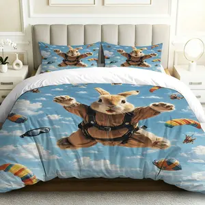 3PCS Duvet Cover Set, 1 Duvet+2 Pillowcases(Without filler), Rabbit Skydiving Adventure Parachute Fun Sky theme, Easter bedding set, Adorable Animal Print Suitable for decoration Bedroom, Guest Room, Dorm, Modern Home