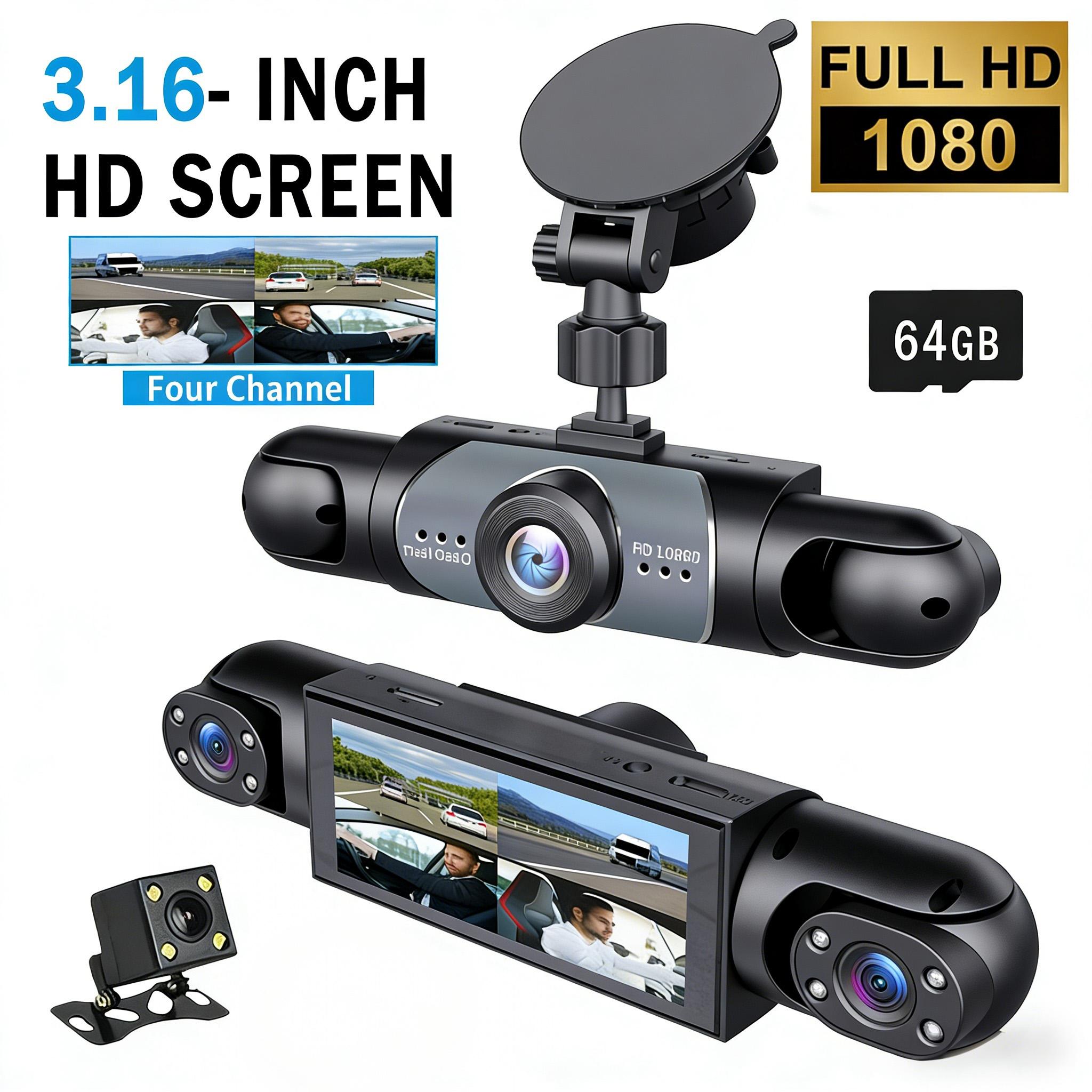 4 Channel Car Dash Cam,1080P Car DVR with 64GB Memory Card，Car Video Surveillance with Night Vision，24/7Parking Mode Car DVR Hd Screen Front Rear Left And Right dashcam