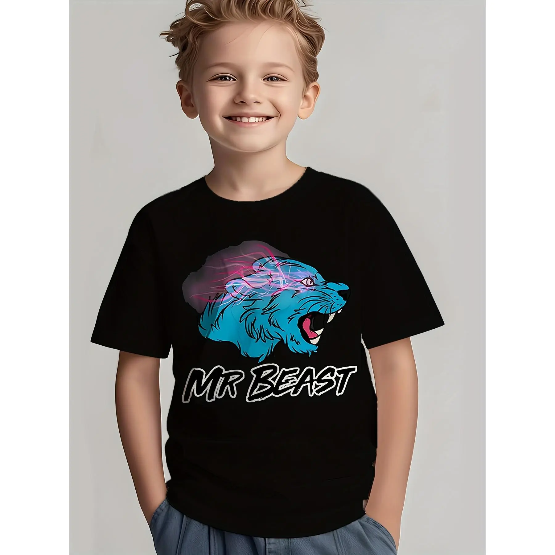 Boys' Cotton Graphic T-Shirt - Regular Fit, Slight Stretch, High-Quality 'MR BEAST' Design, Character-Themed, Kid-Friendly, Sizes 3Y-13Y, Character-Themed Boys' T-Shirts, Kid-Friendly Boys' T-Shirts