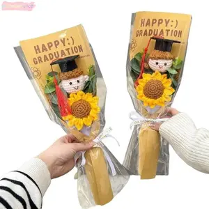 2pcs Handmade Crochet Graduation Bouquet - With Sunflower, Graduate Doll - Long-Lasting Graduation Souvenir, Grad Party Favor, Student Gift