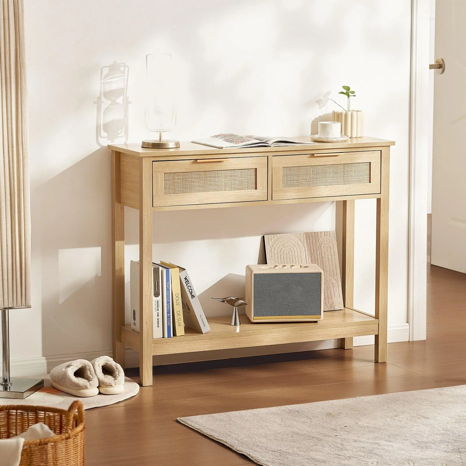 【summerfinds】VEVOR Rattan Console Table with 2 Storage Drawers Rattan Sliding Door Natural, Rattan Entryway Table with Storage, Small Console Tables for Entryway, Entry Table for Hallway, Living Room Table