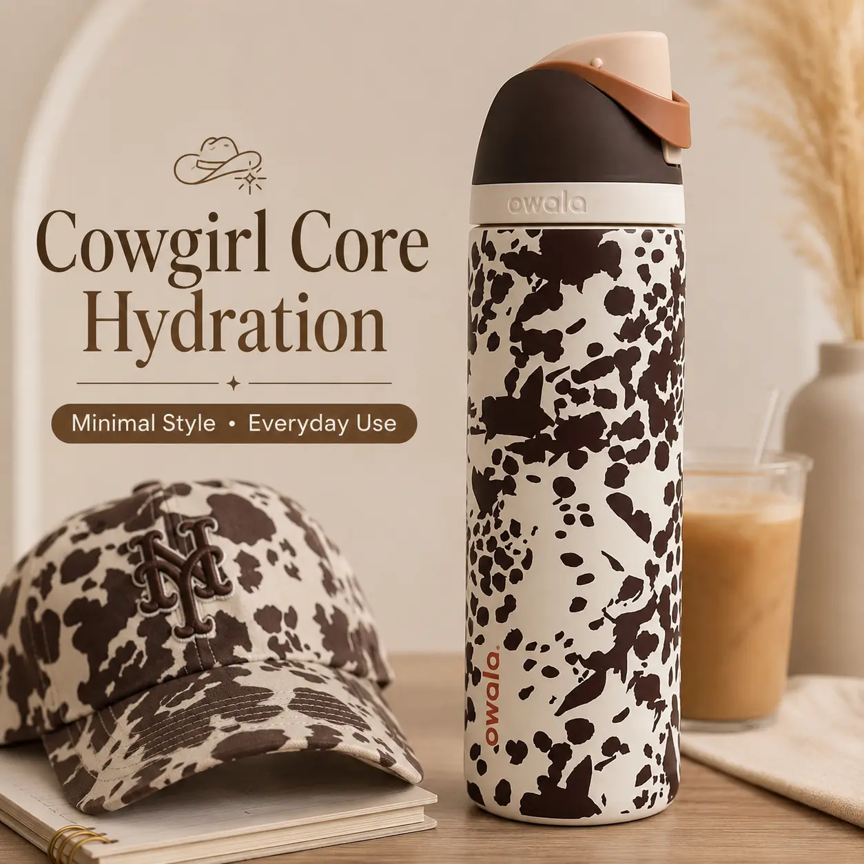 Owala FreeSip Cowgirl Core 32oz Insulated Stainless Steel Water Bottle – Built-In Straw, Special Edition Brown Cow Print Design