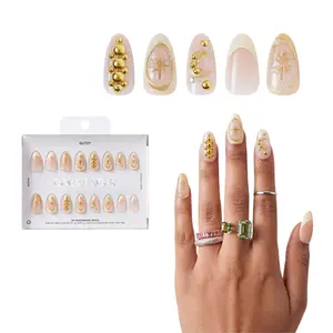 Gold Finger Glitzy 3D Press-On Nails in Ornate – Medium Almond Fake Nails with Gold Celestial Rhinestones, Long Lasting Luxury Glue On Nails, 28 Pc Kit