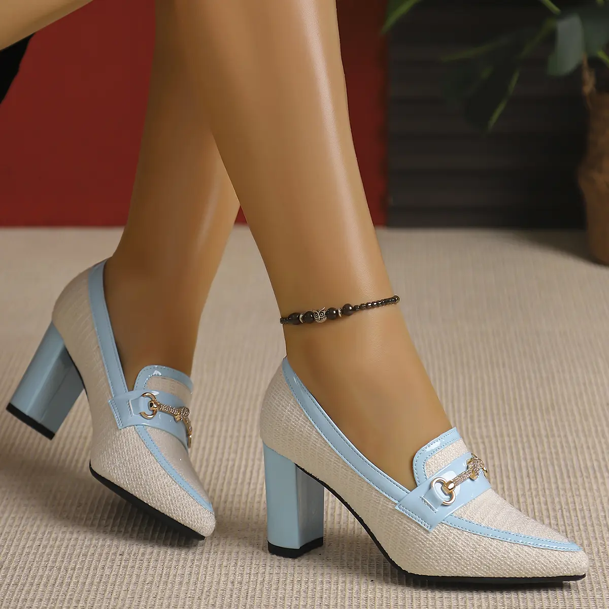 Women's 7.5cm Chunky Block High Heeled Loafers - Pointed Toe Tweed Pumps, 2-Tone Blue White Rhinestone Horsebit Slip-Ons, Classy Stylish Fashion Shoes for Wedding Office, High Heel, Office Wear
