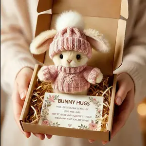 Handmade Mini Bunny Hug with Card in Box、Soft Plush Rabbit Easter Basket Stuffer Gift for Women Men Mother’s Day Valentine’s Birthday