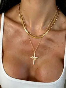 3-Piece Layered Crown Cross Necklace Set, Dainty Cross Necklace, Waterproof Stainless Steel, Stackable Snake Chain, Women's Daily Decor, Hypoallergenic Forever Blessed Cross Necklace