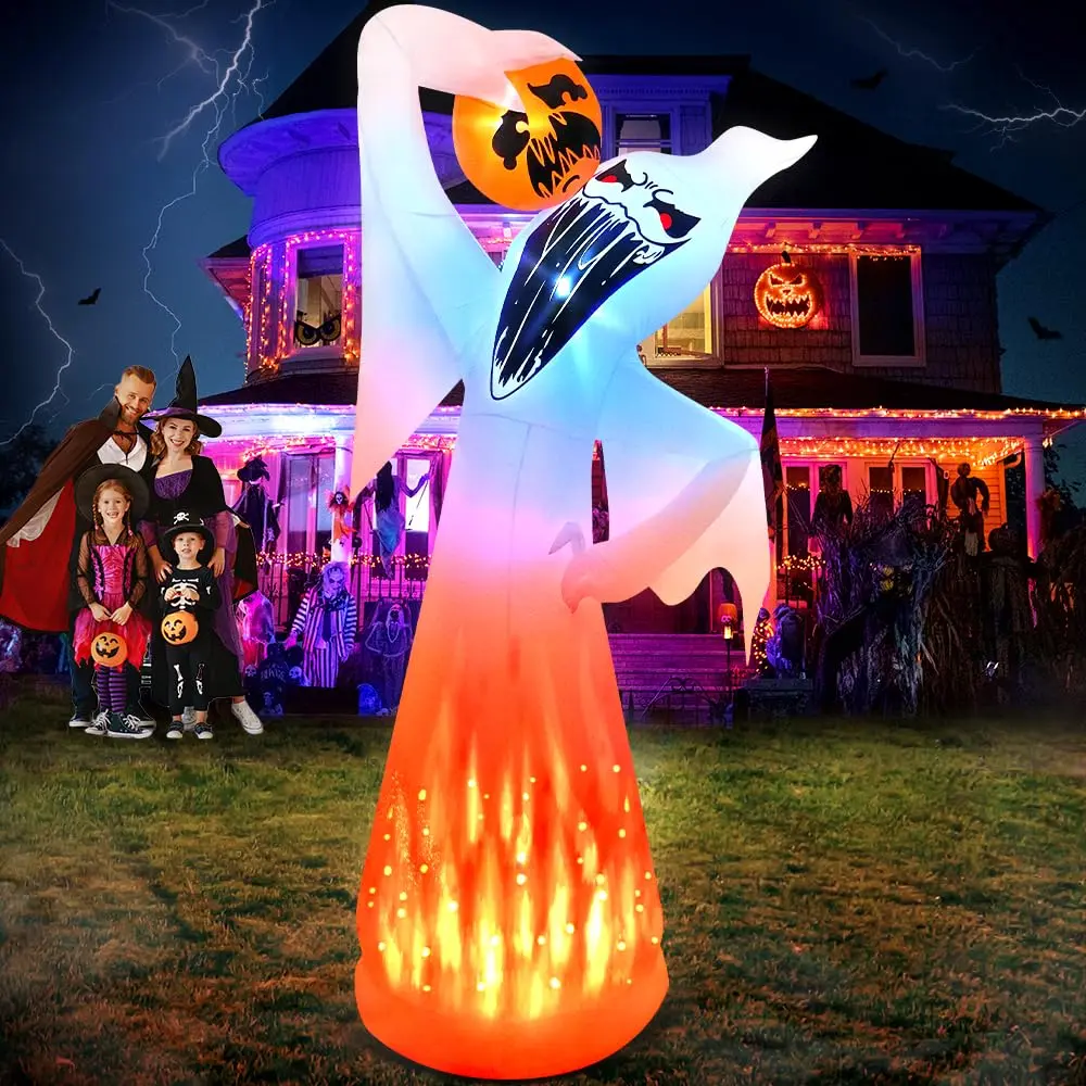 10 FT Halloween Inflatable Ghost-Eating Pumpkin with Rotating Flame LED Lights, Giant Blow-Up Outdoor Lawn Decoration for Garden, Porch, Holiday Party