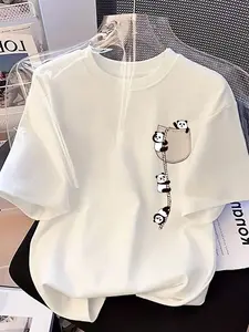 Fashion New Women's Round Neck Cartoon Panda Print Short Sleeve Casual T-Shirt, Loose-Fitting All-Seasons Top, Stylish and Comfortable
