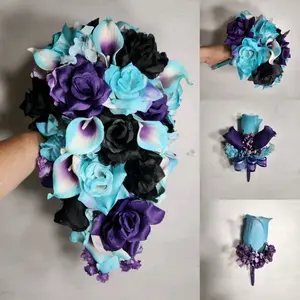 Purple Turquoise Black Rose Calla Lily Bridal Wedding Bouquet Accessories