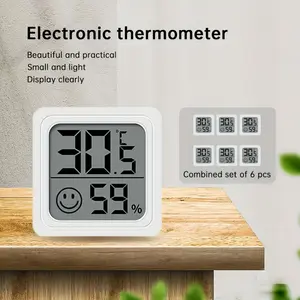 Mini Digital Hygrometer Thermometer Combo Set of 6, Indoor Room Electronic Temperature Humidity Gauge with Large LCD Display, Smile Icon Comfort Indicator, Battery Powered with LR44, Wall Mount & Stand - Plastic, Adult Use