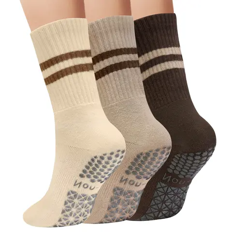 Homimanor Women's Sturdy Combed Cotton Multicolor Athletic Socks - 3-Pair Adult Fit Grippy Non Slip Socks for Pilates, Yoga, Home Fitness Workouts