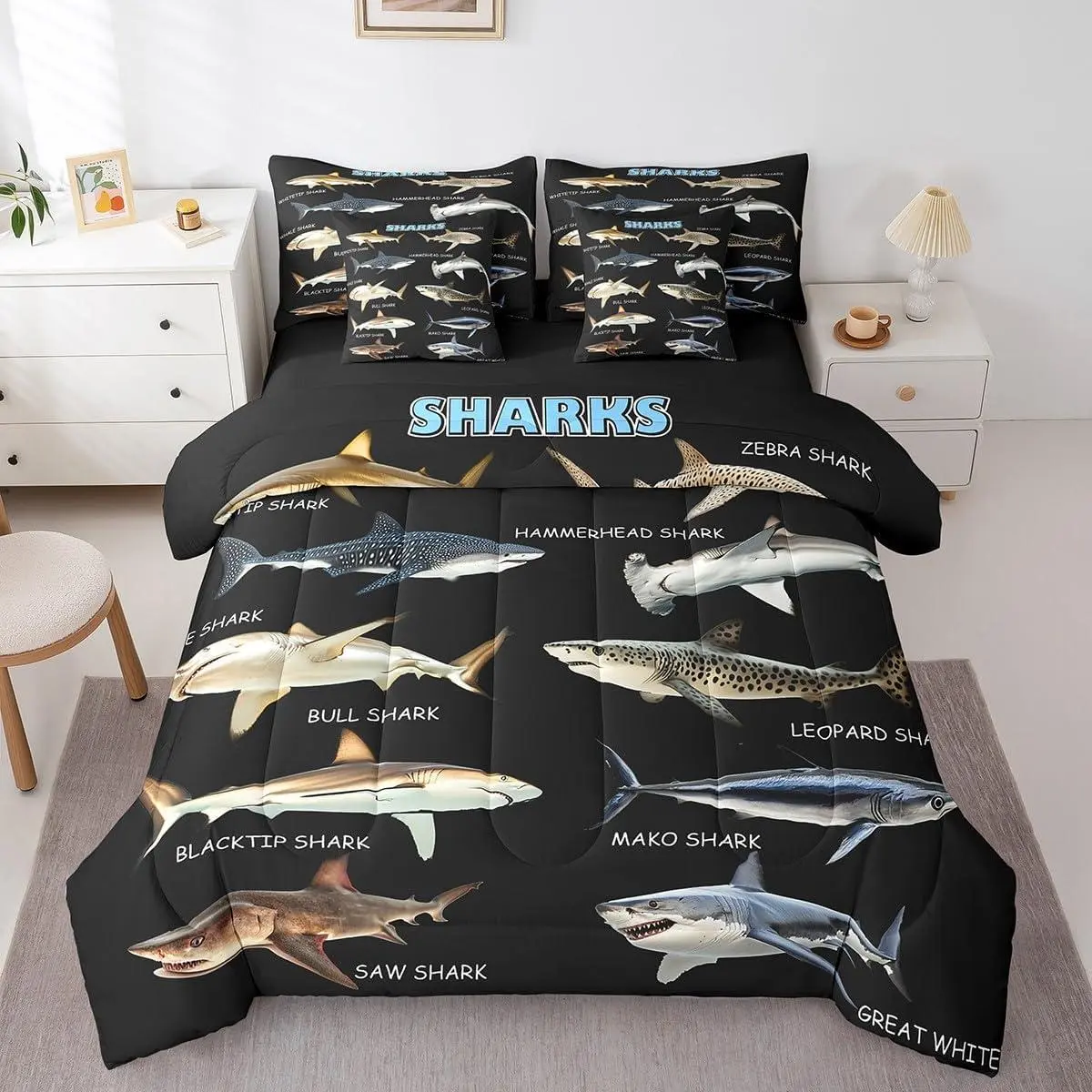 Shark Bedding Setshark Animals Comforter Set,7 Pcs,Ocean Marine Life Bed in a Bag Modern Simple Black Sheet Set with Comforter for Boys,Fishing and Hunting Theme Pillow Covers