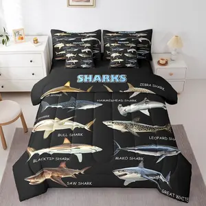 Shark Bedding Setshark Animals Comforter Set,7 Pcs,Ocean Marine Life Bed in a Bag Modern Simple Black Sheet Set with Comforter for Boys,Fishing and Hunting Theme Pillow Covers