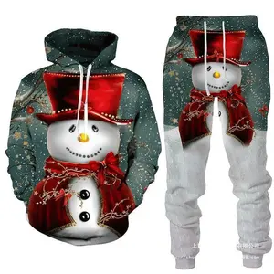 Snowman Print Casual Long-Sleeved Hoodie Set for Men's and Women's
