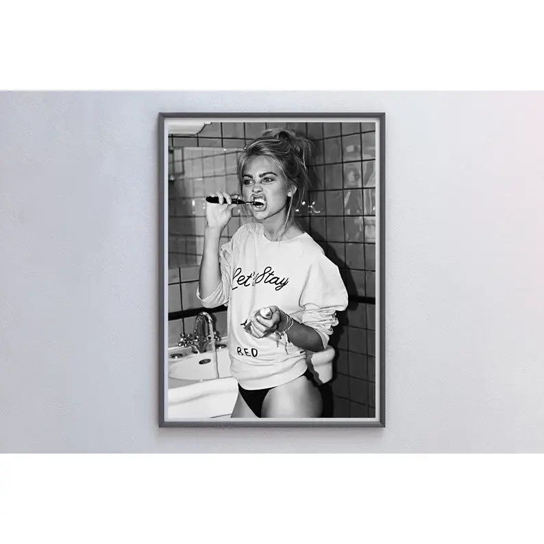 Funny Woman in Bathroom Print, Brush Your Teeth, Black And White, Feminist Poster, Girls Bathroom Decor, Bathroom Wall Art