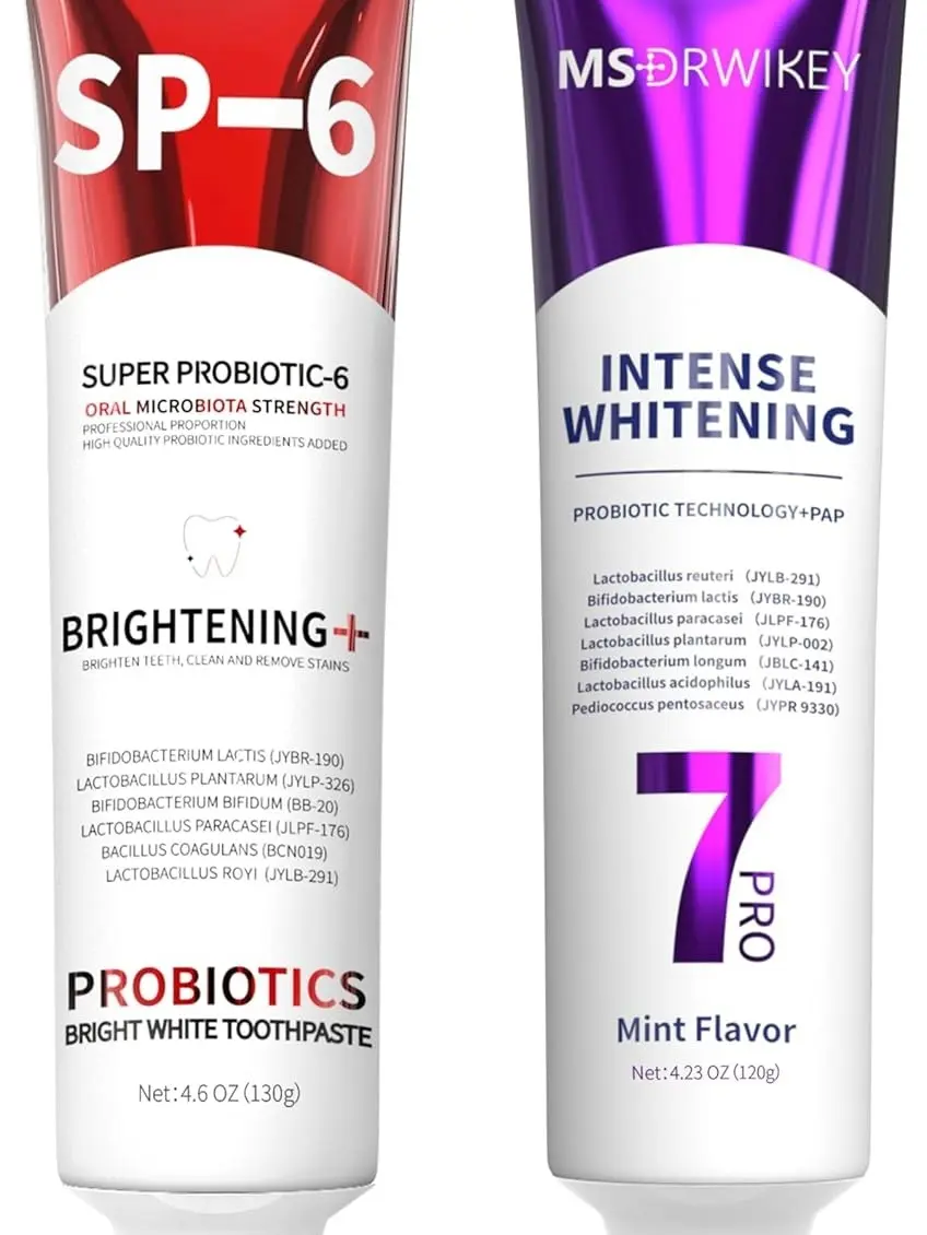 SP-6 Toothpaste & Popping 7-Pro Intense Whitening Toothpaste 2-Pack – 6 Probiotics, Deep Whitening, Purple Beads, Fluoride-Free, Enamel Safe