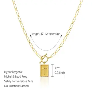 Women's Meraki Stainless Steel Paper Clip Chain Necklace, Geometric Cross Square Pendant, OT Buckle, Beach Faith Jewelry Accessory, Geometric Cross Design