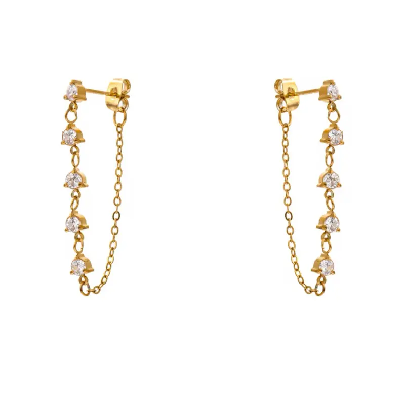 Cubic zirconia chain pendant earrings, gold color, stainless steel, PVD plated,