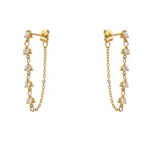 Cubic zirconia chain pendant earrings, gold color, stainless steel, PVD plated,